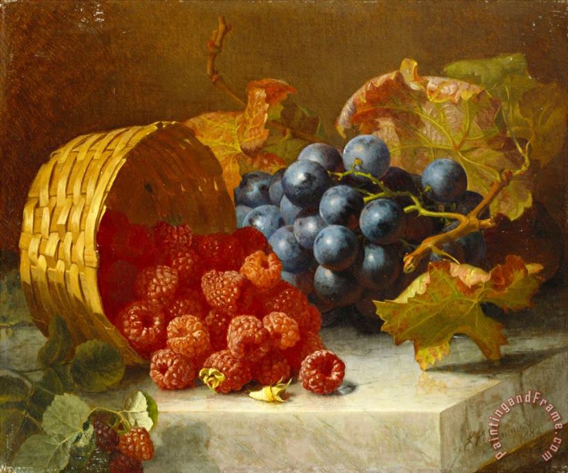 Eloise Harriet Stannard Still Life with Raspberries And a Bunch of Grapes on a Marble Ledge 1882 Art Print