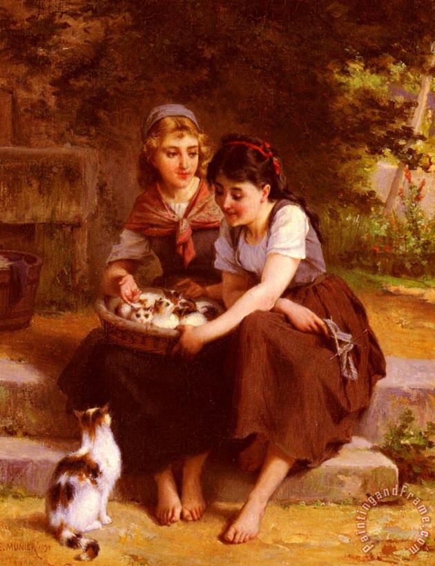 Emile Munier Two Girls with a Basket of Kittens Art Painting