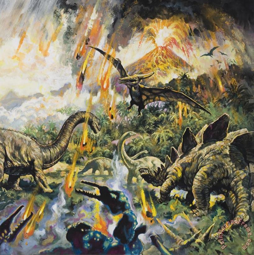 English School Dinosaurs and Volcanoes Art Painting