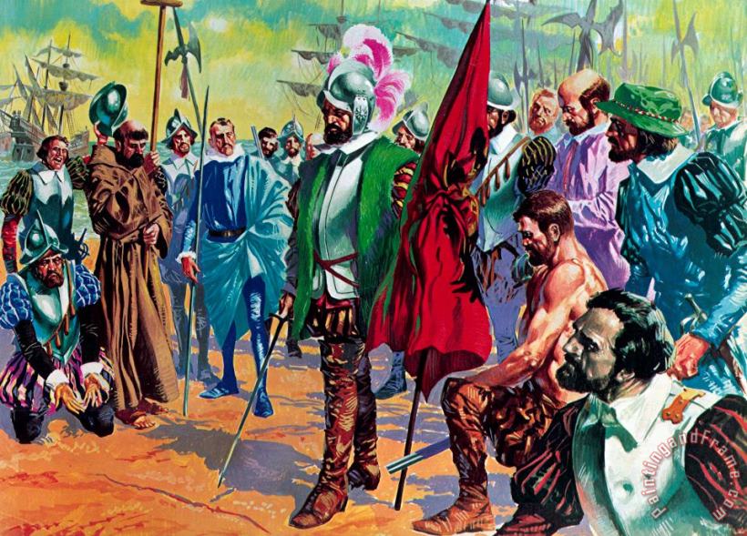 Hernando Cortes arriving in Mexico in 1519 painting - English School Hernando Cortes arriving in Mexico in 1519 Art Print