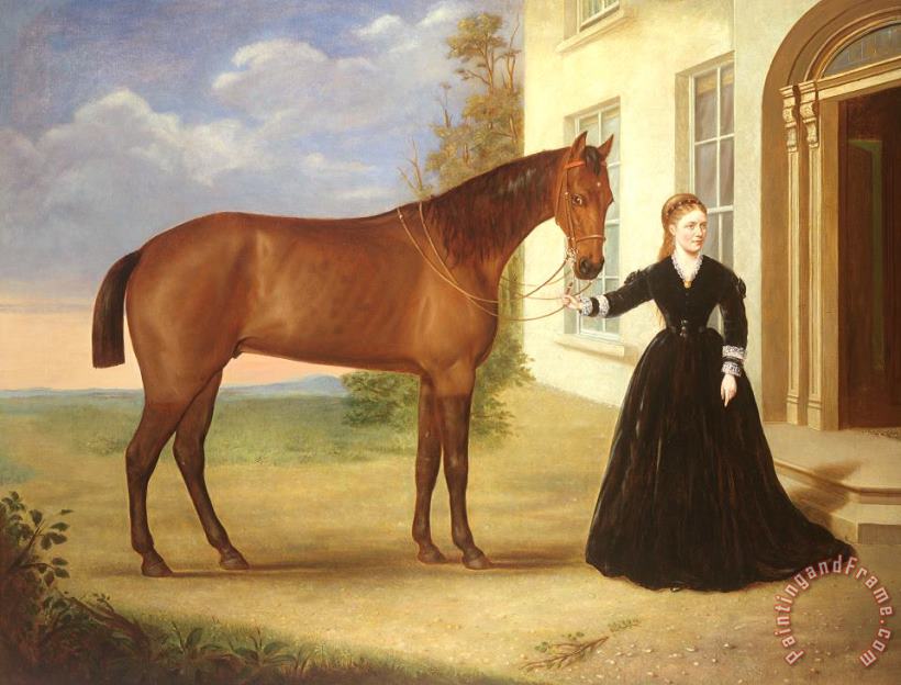  Portrait of a lady with her horse painting - English School  Portrait of a lady with her horse Art Print