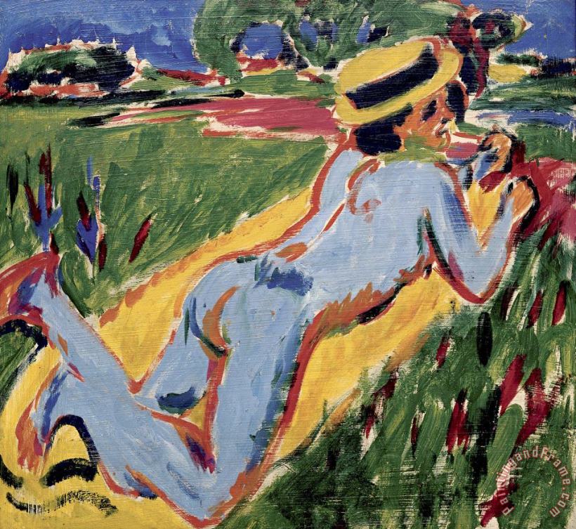 Reclining Nude in Blue with Straw Hat painting - Ernst Ludwig Kirchner Reclining Nude in Blue with Straw Hat Art Print