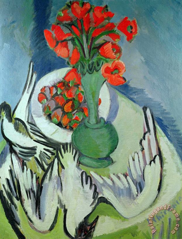 Still Life With Seagulls Poppies And Strawberries painting - Ernst Ludwig Kirchner Still Life With Seagulls Poppies And Strawberries Art Print