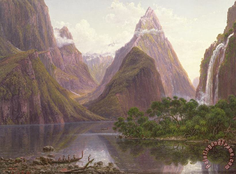 Eugen von Guerard Native figures in a canoe at Milford Sound Art Painting