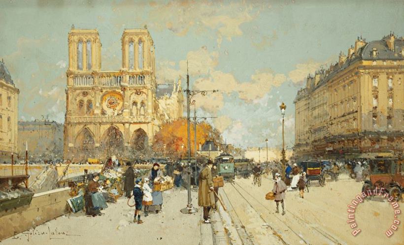 Figures On A Sunny Parisian Street Notre Dame At Left painting - Eugene Galien-Laloue Figures On A Sunny Parisian Street Notre Dame At Left Art Print