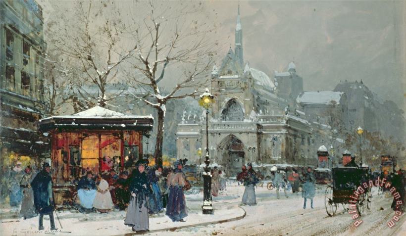 Snow Scene In Paris painting - Eugene Galien-Laloue Snow Scene In Paris Art Print