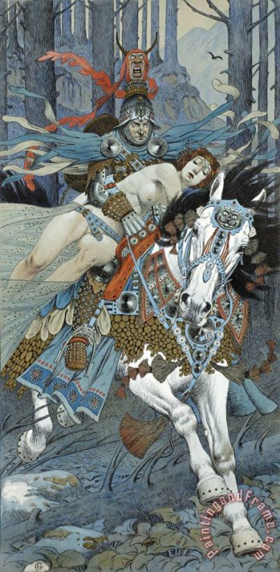 Eugene Grasset Abduction of a Woman by a Mounted Knight Art Painting
