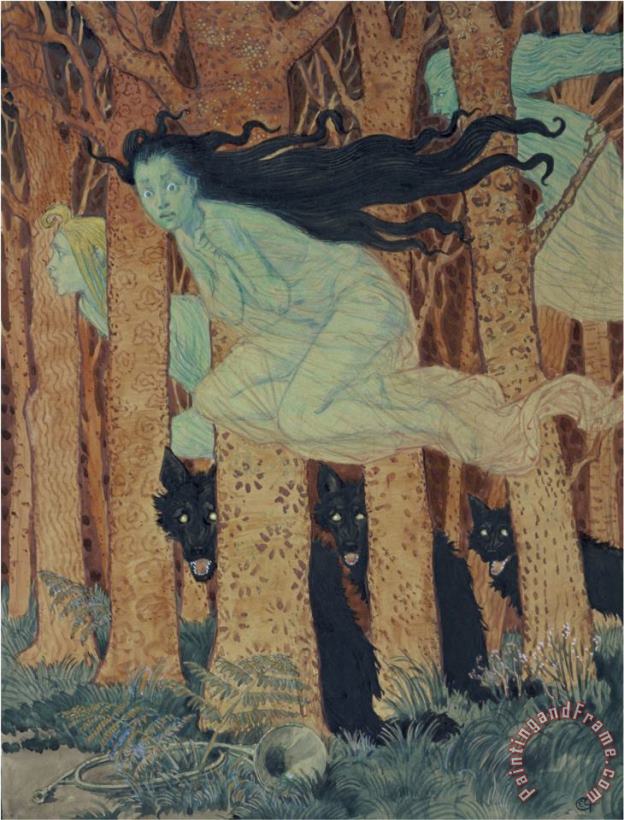 Three Women And Three Wolves painting - Eugene Grasset Three Women And Three Wolves Art Print