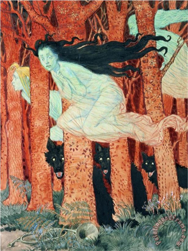 Eugene Grasset Three Women And Three Wolves W C Art Painting