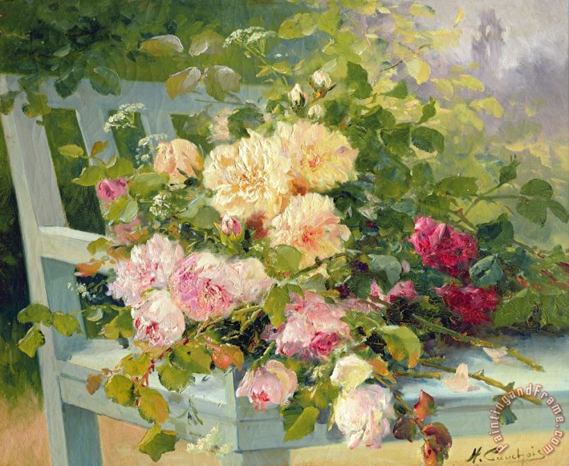 Eugene Henri Cauchois Roses on the bench Art Print
