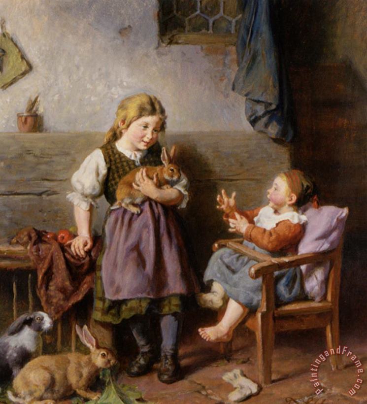 Felix Schlesinger Playing with Rabbits Art Painting