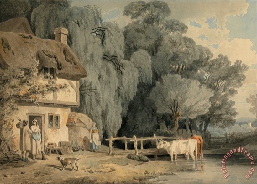 Country Scene Figures by a Cottage Door And Cattle in a Stream painting - Francis Wheatley Country Scene Figures by a Cottage Door And Cattle in a Stream Art Print