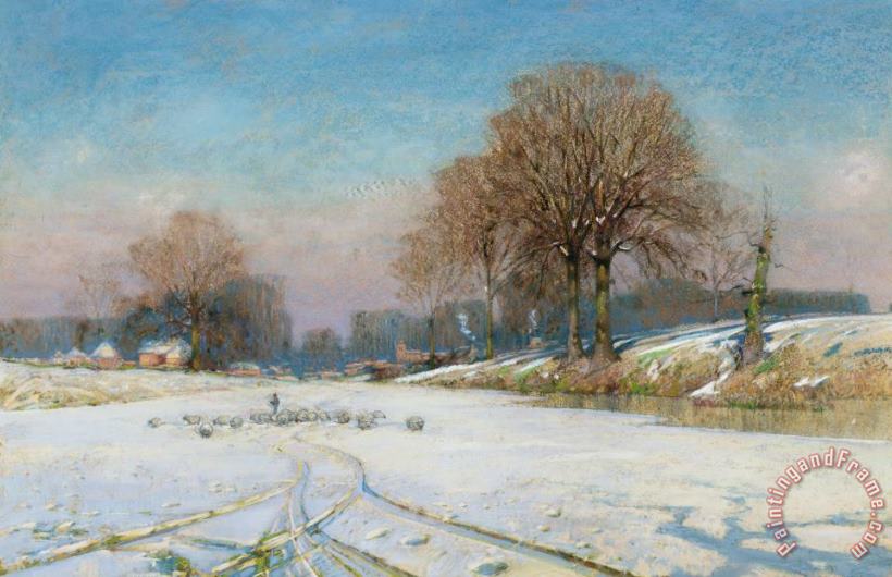 Frank Hind Herding Sheep In Wintertime Art Painting