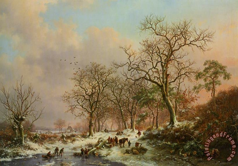 Frederik Marianus Kruseman Wood Gatherers in a Winter Landscape with a Castle Beyond Art Print