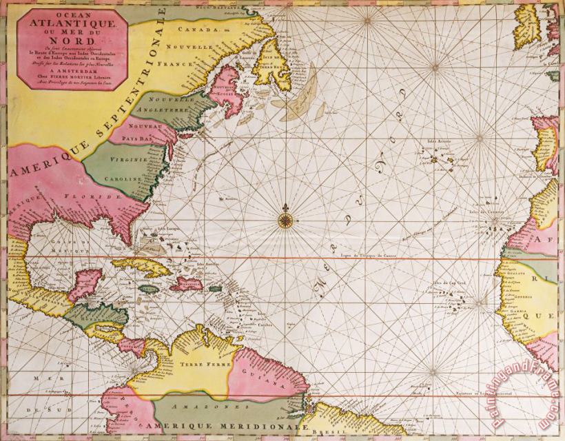 French School Map Of The Atlantic Ocean Showing The East Coast Of North America The Caribbean And Central America Painting Map Of The Atlantic Ocean Showing The East Coast Of North