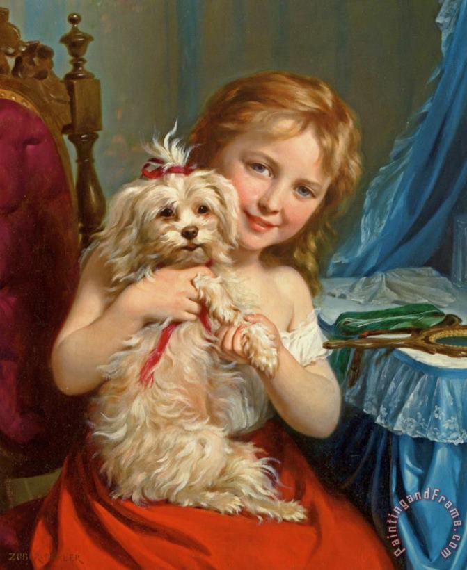 Fritz Zuber-Buhler Young Girl with Bichon Frise Art Painting