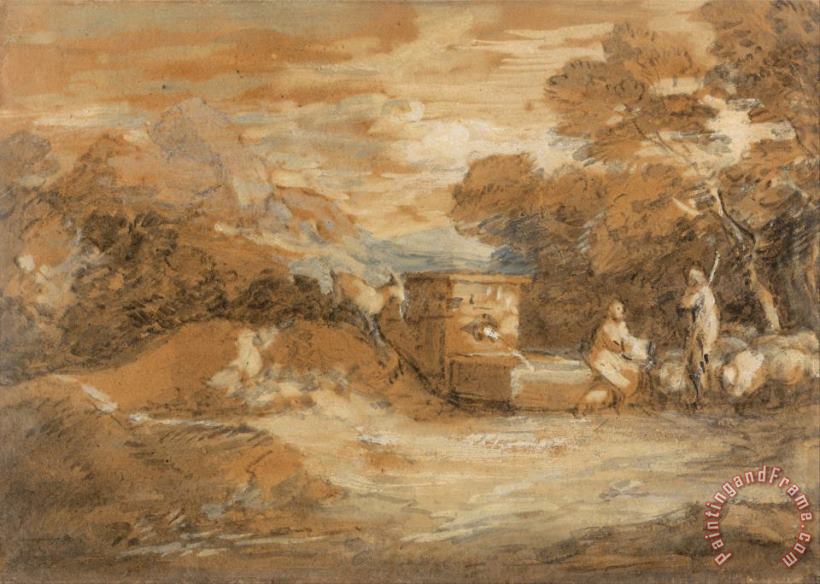 Mountain Landscape with Figures, Sheep And Fountain painting - Gainsborough, Thomas Mountain Landscape with Figures, Sheep And Fountain Art Print