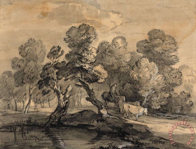 Wooded Landscape with Herdsman And Cows 2 painting - Gainsborough, Thomas Wooded Landscape with Herdsman And Cows 2 Art Print