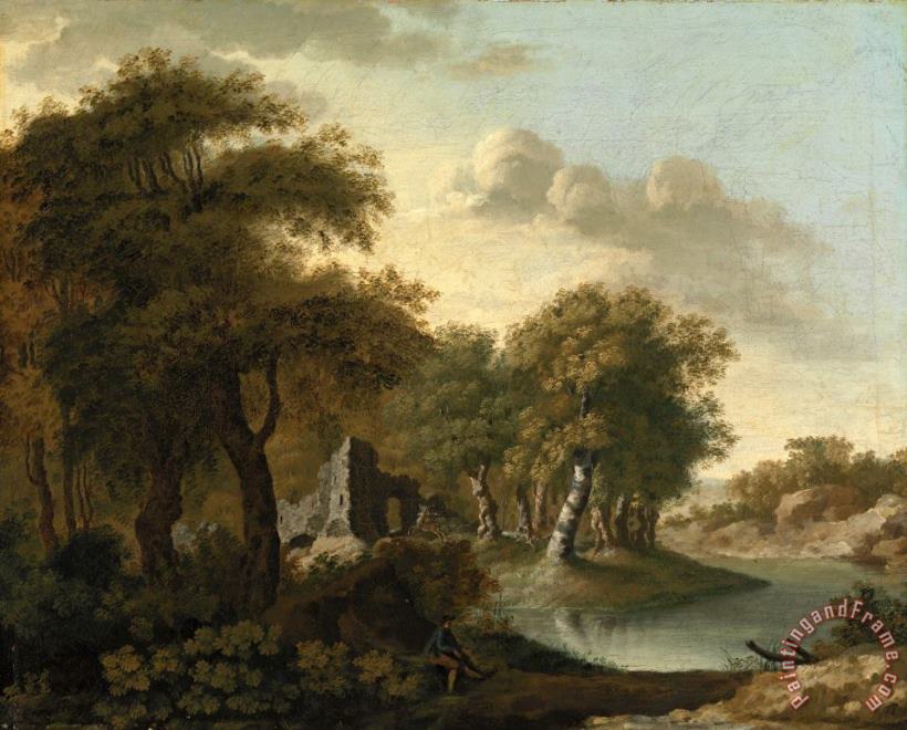 A View Near Arundel, Sussex, with Ruins by Water painting - George Smith A View Near Arundel, Sussex, with Ruins by Water Art Print