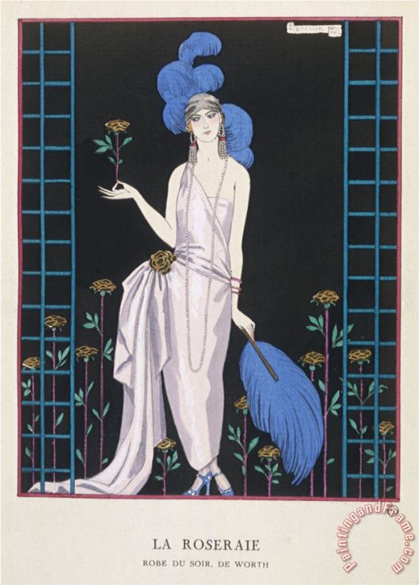 Georges Barbier Asymmetrical Evening Gown by Worth with a Low Diagonal Waistline And a Long Flowing Train Art Painting