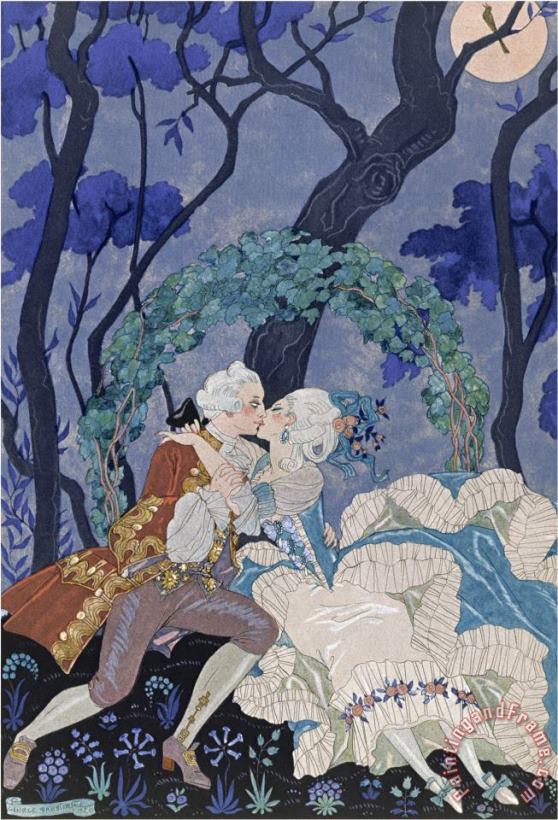 Georges Barbier Secret Kiss Illustration for Fetes Galantes by Paul Verlaine 1844 96 1928 Pochoir Print Art Print