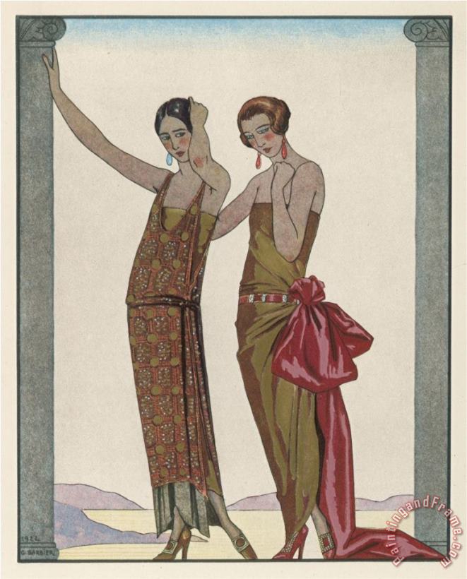 Georges Barbier Strapless Gold Dress Draped Up Over One Hip And Tied with a Large Sash Bow Which Creates a Train Art Painting