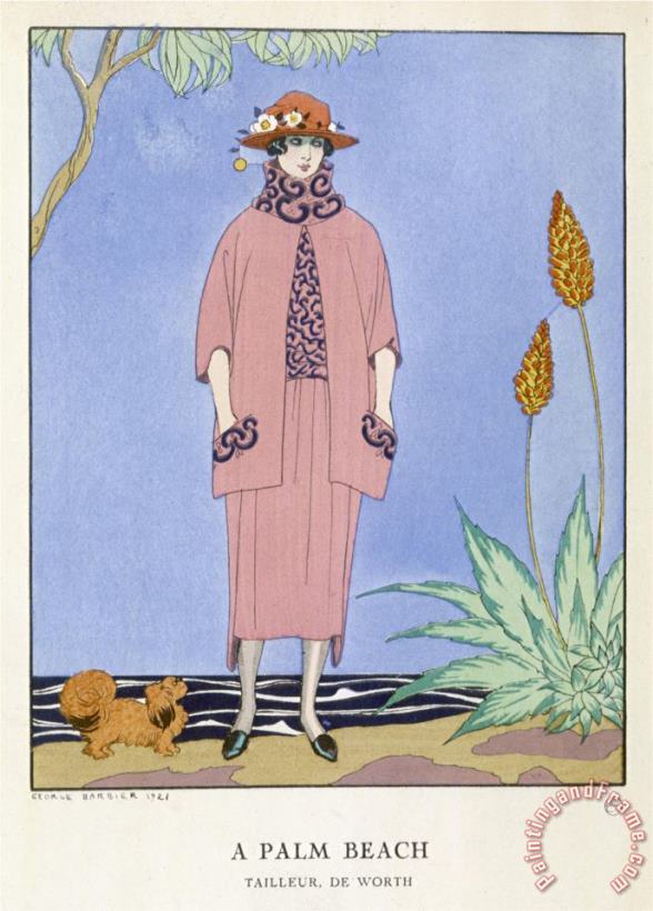 Tailored Suit by Worth in Salmon Pink And Black painting - Georges Barbier Tailored Suit by Worth in Salmon Pink And Black Art Print