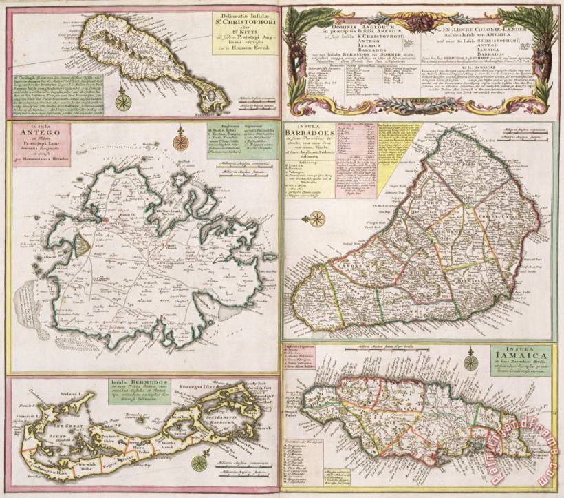 German School Old Map of English Colonies in the Caribbean Art Print
