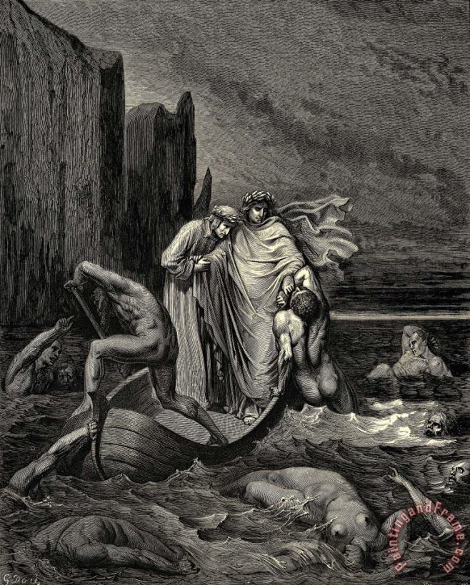 Gustave Dore The Inferno, Canto 8, Lines 3941 My Teacher Sage Aware, Thrusting Him Back “away! Down There to The’ Other Dogs!” Art Print