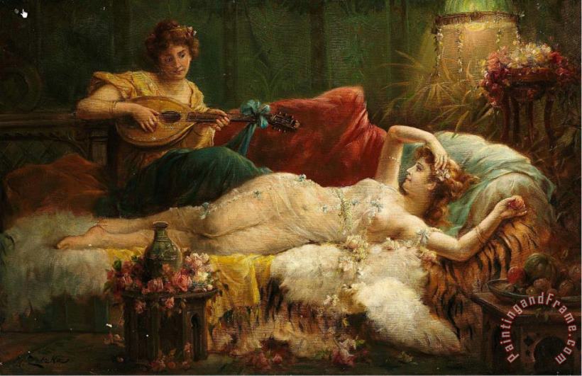 Interior with a Lightly Dressed Woman And a Lute Player painting - Hans Zatzka Interior with a Lightly Dressed Woman And a Lute Player Art Print