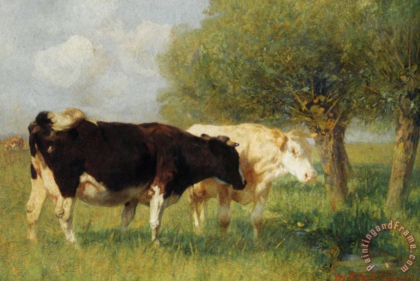 Heirich Von Zugel Two Cows in a Meadow Art Painting