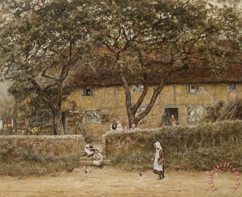 Children outside a Cottage painting - Helen Allingham Children outside a Cottage Art Print