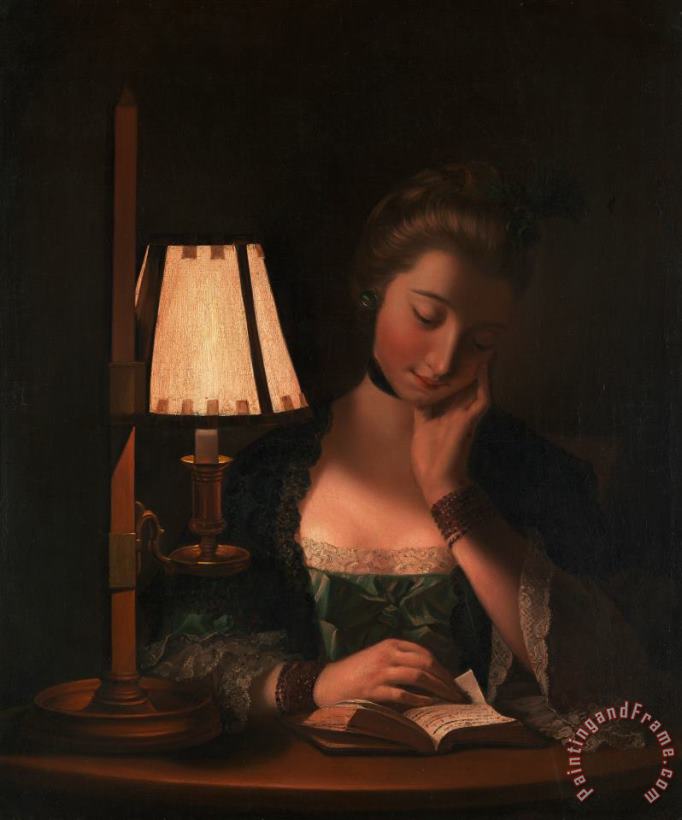 Henry Robert Morland Woman Reading by a Paper Bell Shade Art Painting
