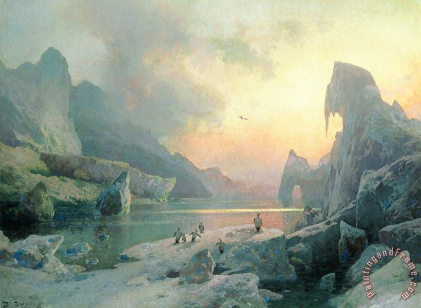 Penguins In An Arctic Landscape At Dusk painting - Herman Herzog Penguins In An Arctic Landscape At Dusk Art Print