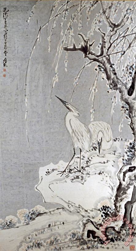White Egrets on a Bank of Snow Covered Willows painting - Huang Shen White Egrets on a Bank of Snow Covered Willows Art Print