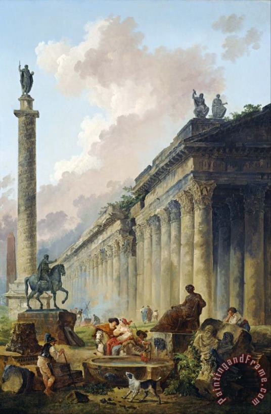 Hubert Robert Imaginary View of Rome with Equestrian Statue of Marcus Aurelius, The Column of Trajan And a Temple Art Painting