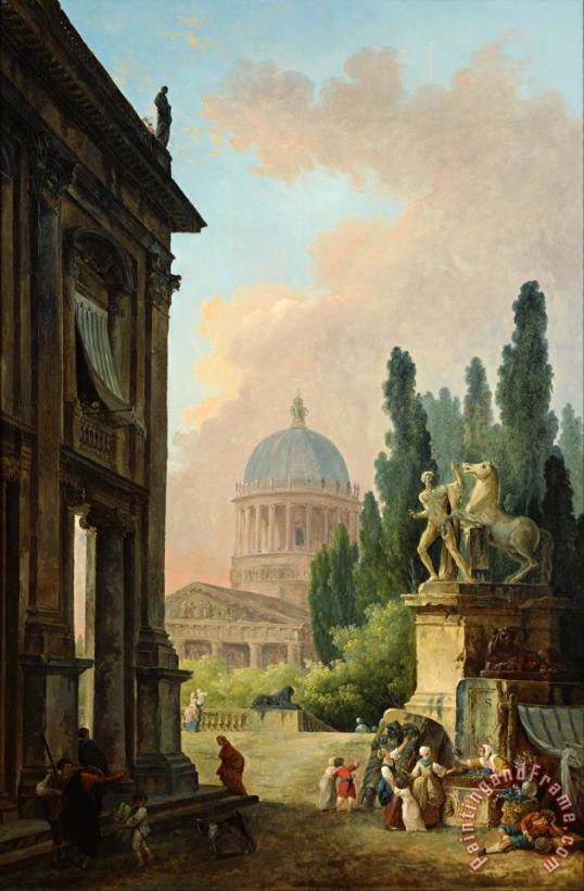 Imaginary View of Rome with The Horse Tamer of The Monte Cavallo And a Church painting - Hubert Robert Imaginary View of Rome with The Horse Tamer of The Monte Cavallo And a Church Art Print
