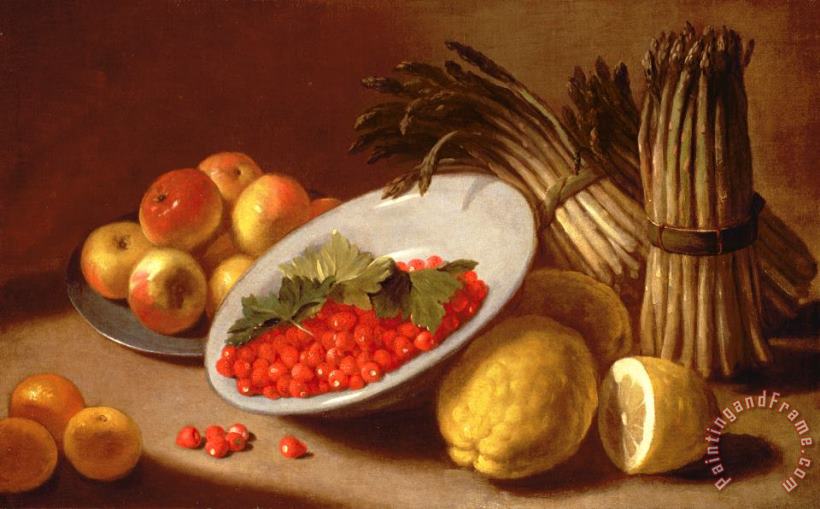 Italian School  Still Life of Raspberries Lemons and Asparagus Art Print
