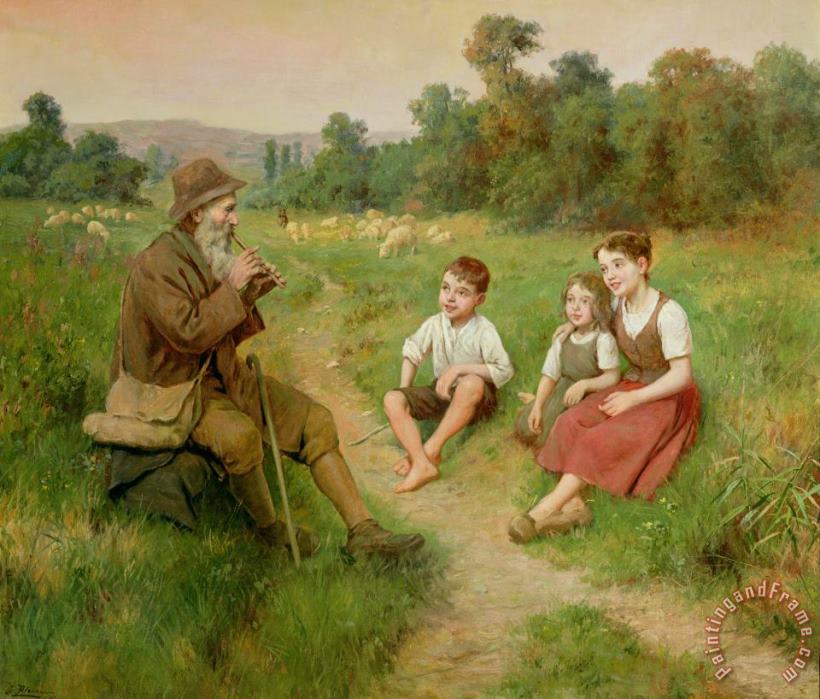 Children Listen to a Shepherd Playing a Flute painting - J Alsina Children Listen to a Shepherd Playing a Flute Art Print