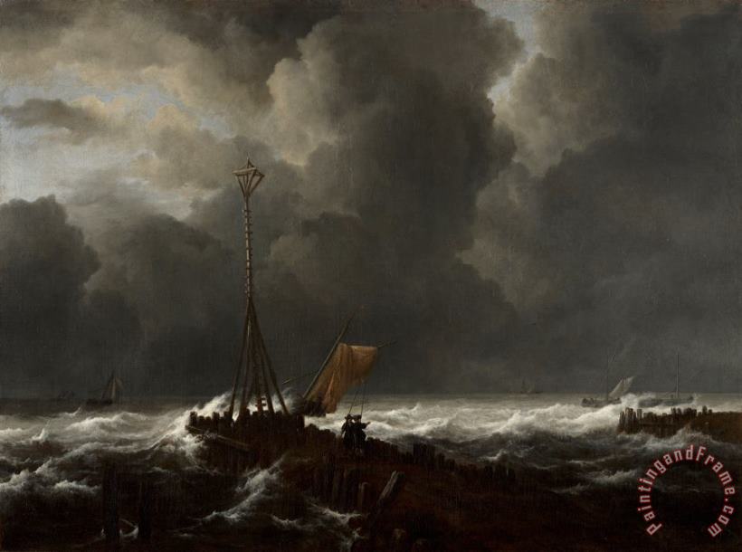 Jacob Isaacksz. van Ruisdael Rough Sea at a Jetty Art Painting