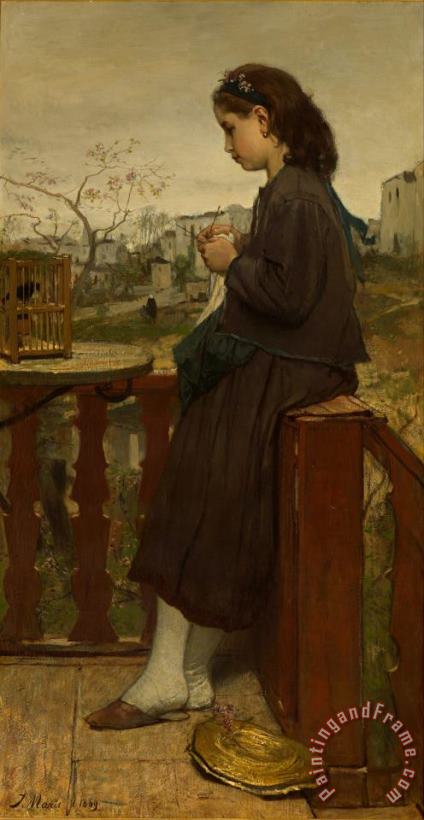 Jacob Maris Girl Knitting on a Balcony, Montmartre Art Painting