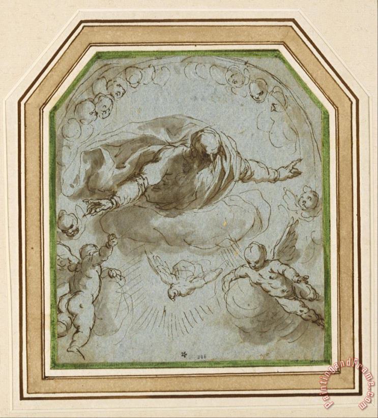 Jacopo Negretti God The Father with The Dove, Two Putti And a Nimbus of Cherubim Art Painting
