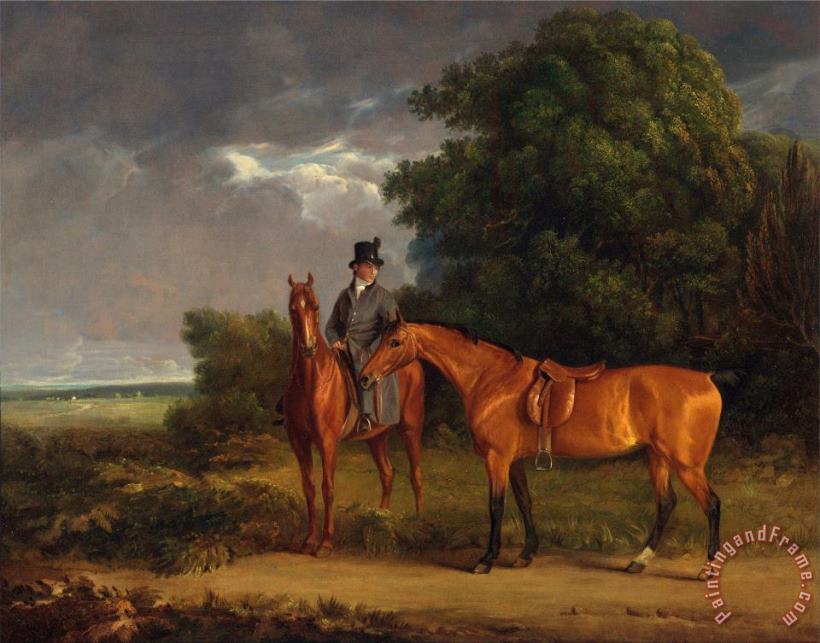 A Groom Mounted on a Chestnut Hunter, He Holds a Bay Hunter by The Reins painting - Jacques-Laurent Agasse A Groom Mounted on a Chestnut Hunter, He Holds a Bay Hunter by The Reins Art Print