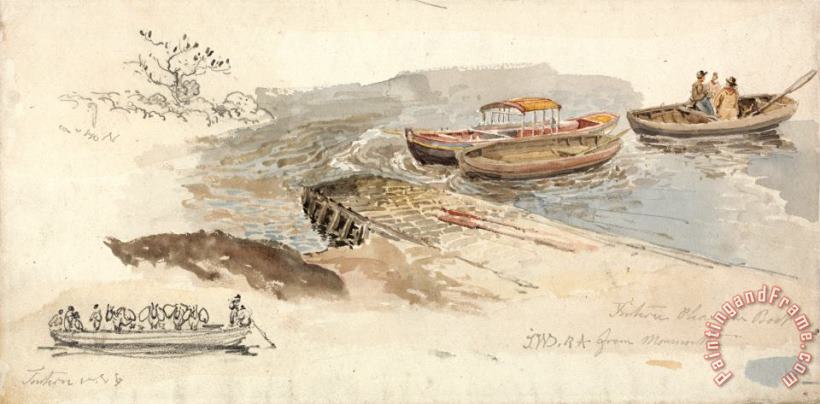 James Ward A Canopied Boat And Two Rowing Boats at a Jetty; Inset Left, a Pencil Study of The Tintern Livestock Art Print
