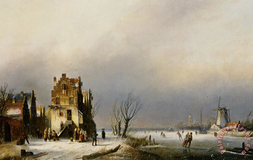 A Winter Landscape with Skaters Near a Village painting - Jan Jacob Coenraad Spohler A Winter Landscape with Skaters Near a Village Art Print