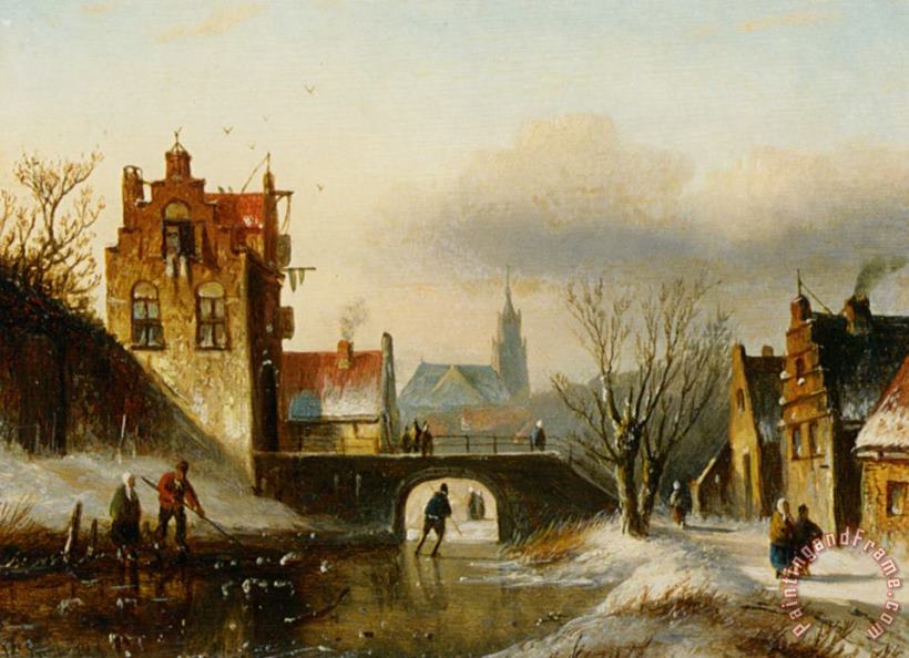 Jan Jacob Coenraad Spohler Figures on a Frozen Canal in a Dutch Town Art Print