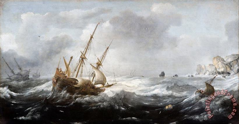 Jan Porcellis Ships in a Storm on a Rocky Coast Art Print