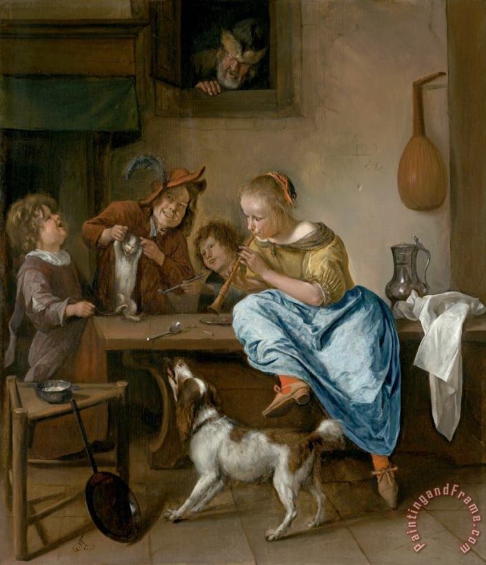Children Teaching a Cat to Dance, Known As 'the Dancing Lesson' painting - Jan Steen Children Teaching a Cat to Dance, Known As 'the Dancing Lesson' Art Print