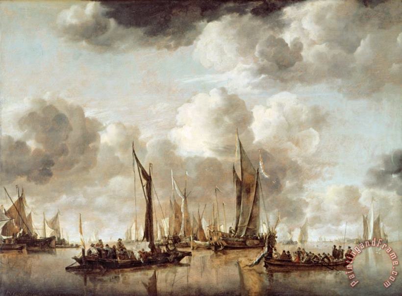 A Dutch Yacht Firing a Salute as a Barge Pulls Away painting - Jan van de Capelle A Dutch Yacht Firing a Salute as a Barge Pulls Away Art Print