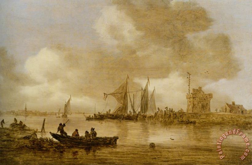 A River Estuary with Dutch Shipping And a Lighthouse painting - Jan Van Goyen A River Estuary with Dutch Shipping And a Lighthouse Art Print